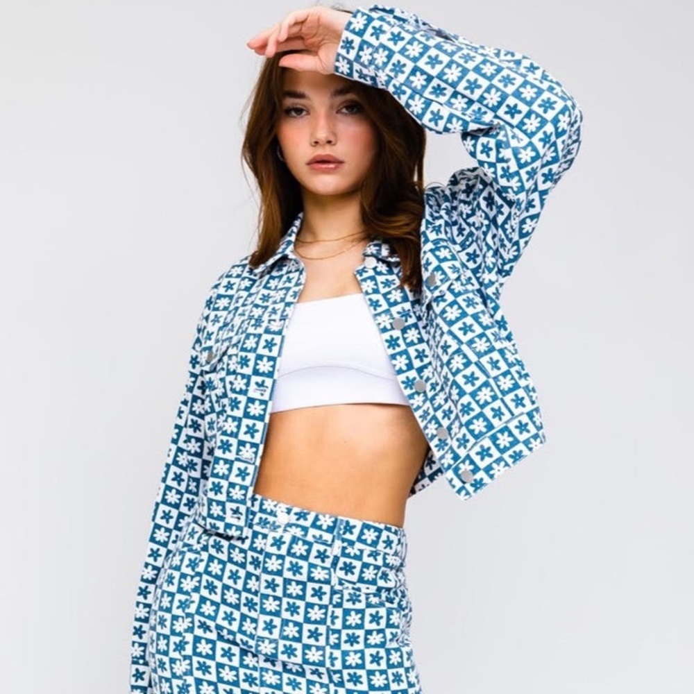 LE LIS Daisy denim White-Blue Check jacket, Size M,‎ NWT